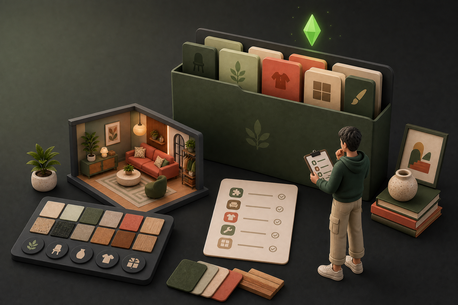 Ilustración editorial 3D sobre guías, organización y compatibilidad de Mods y CC para Los Sims 4