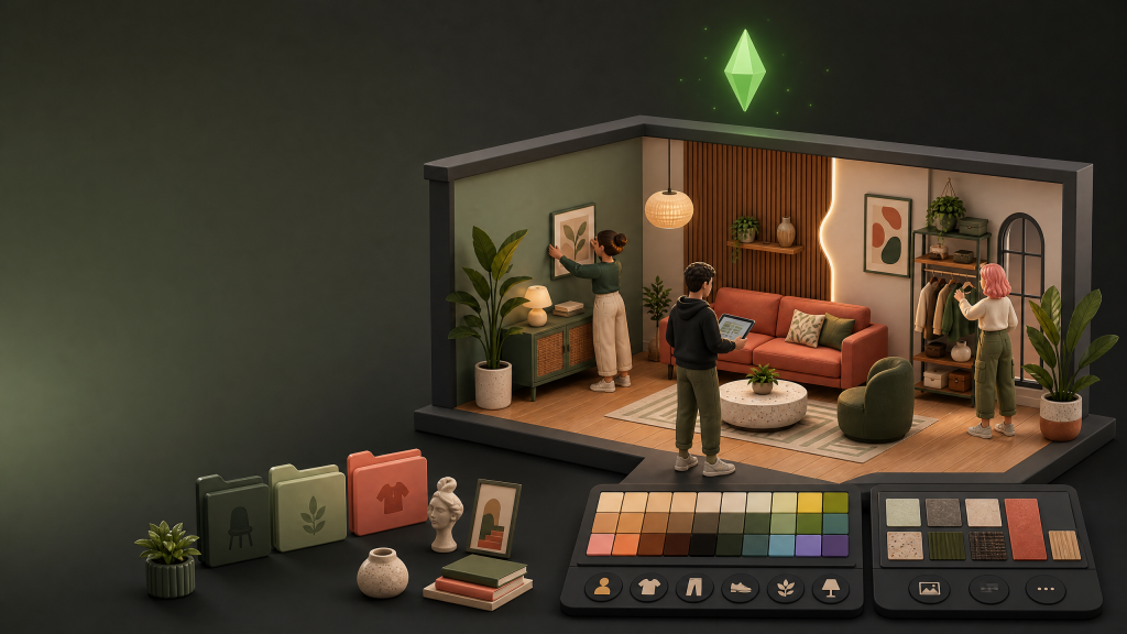 Ilustración editorial 3D de una habitación en miniatura con Mods y CC para Los Sims 4