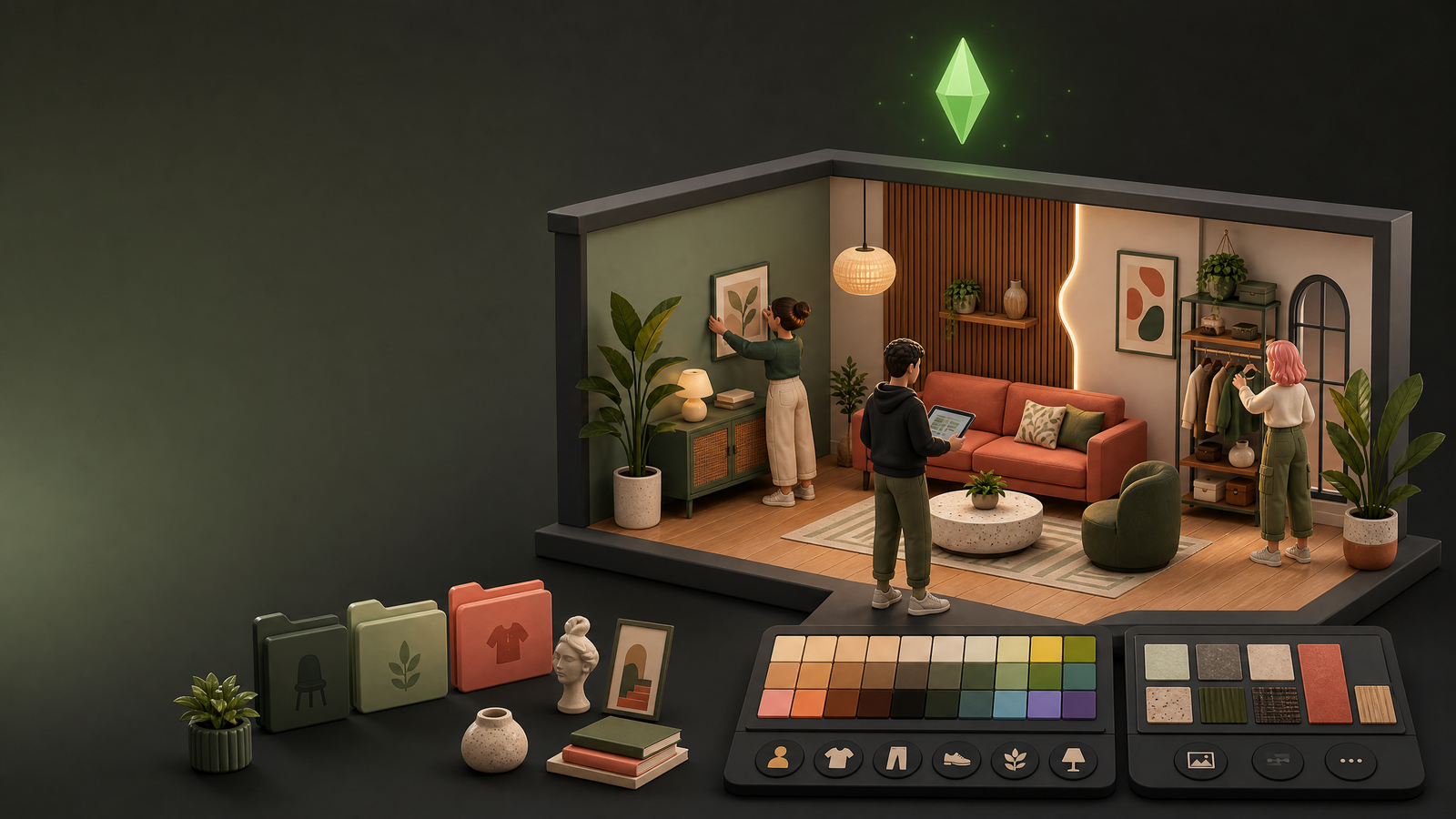Ilustración editorial 3D de una habitación en miniatura con Mods y CC para Los Sims 4